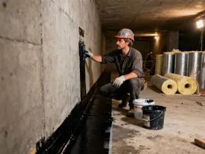 Mężczyzna w rękawicach roboczych nakłada wałkiem białą farbę hydroizolacyjną na wilgotną ścianę betonową w piwnicy.