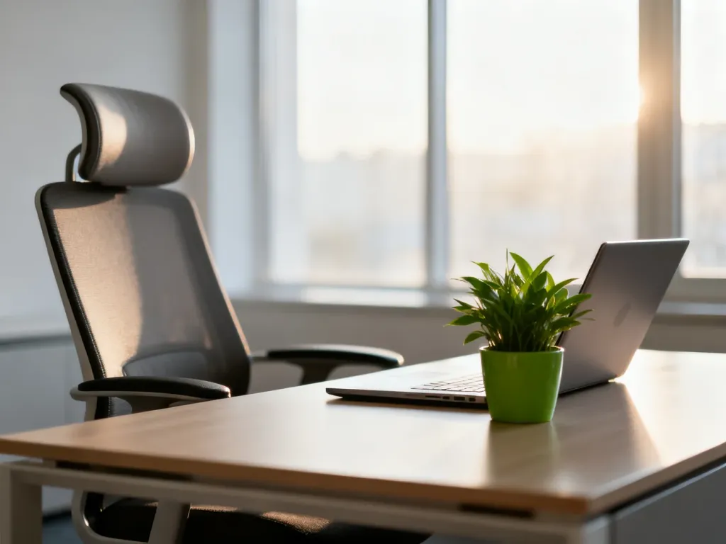 Nowoczesne, ergonomiczne stanowisko pracy w biurze z uporządkowanym biurkiem, laptopem i rośliną, zapewniające komfort i bezpieczeństwo.