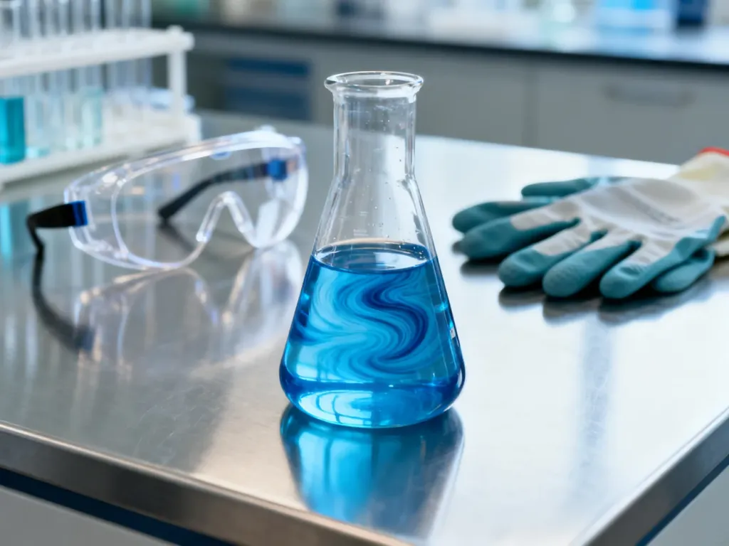Zlewka z niebieską substancją chemiczną oraz okulary i rękawice ochronne na stole laboratoryjnym.