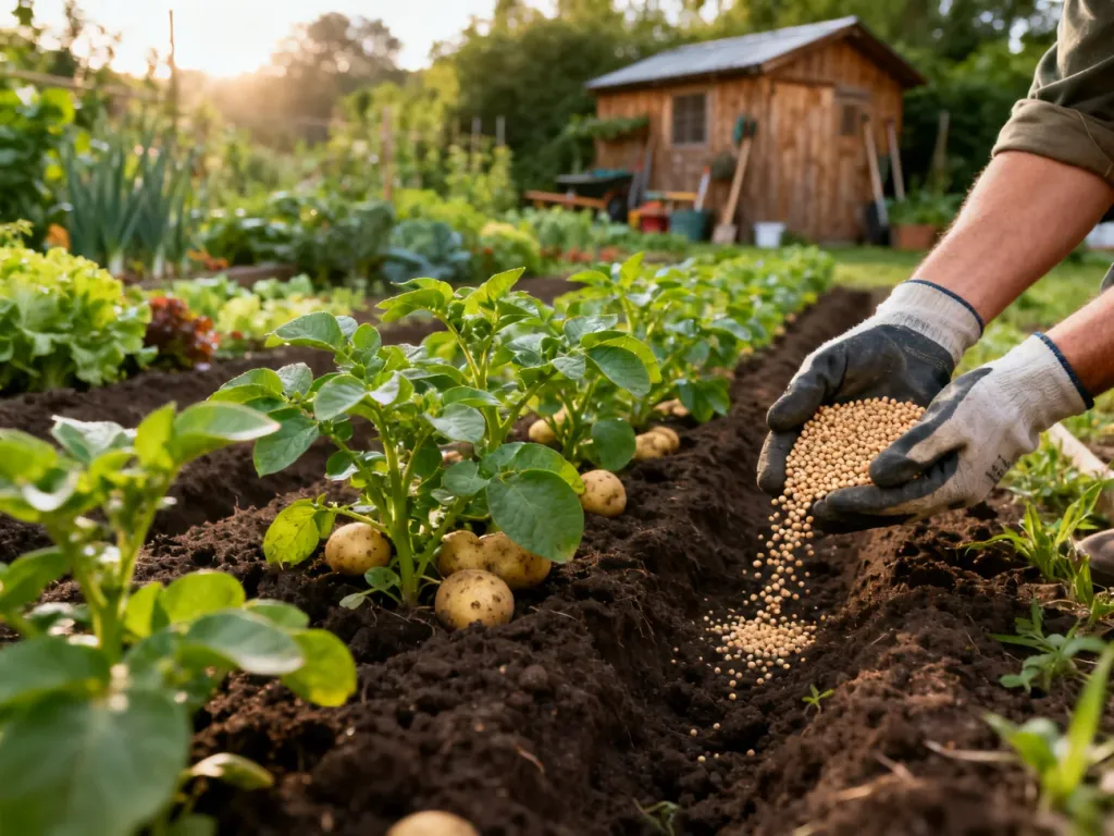Ogrodnik aplikuje nawóz granulowany pod zdrowe krzaki ziemniaków w przydomowym ogrodzie.