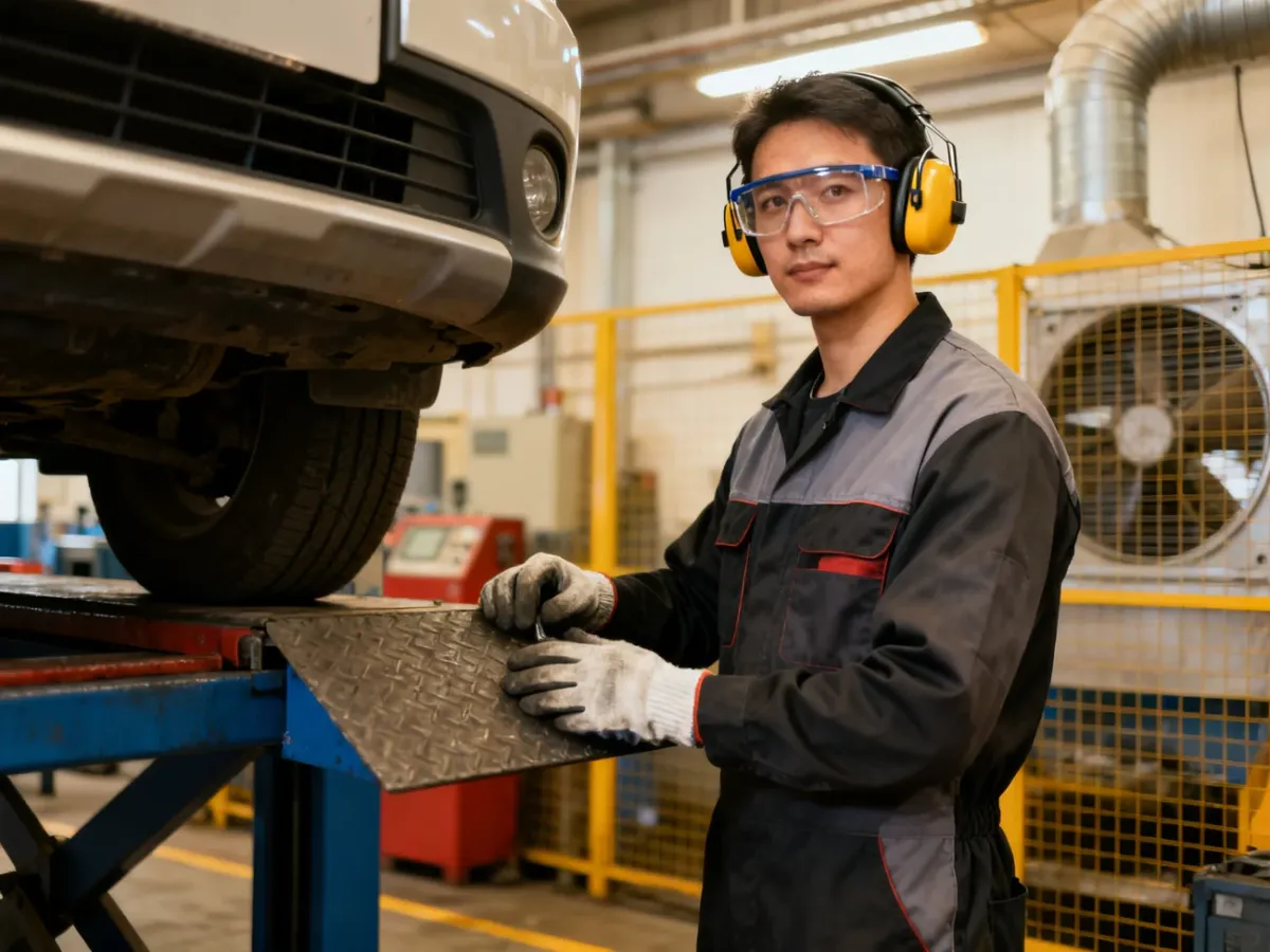 Mechanik w środkach ochrony indywidualnej pracujący przy podnośniku samochodowym