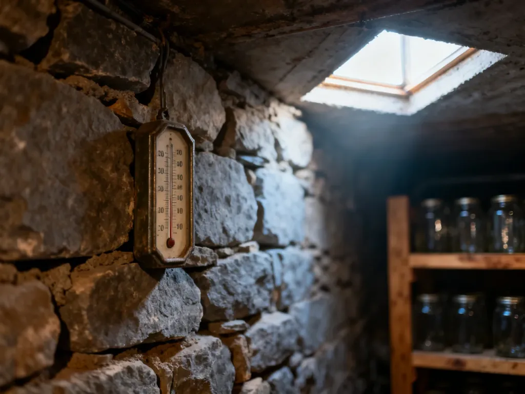 Stary termometr analogowy zawieszony na kamiennej ścianie piwnicy, wskazujący optymalną temperaturę przechowywania zapasów.