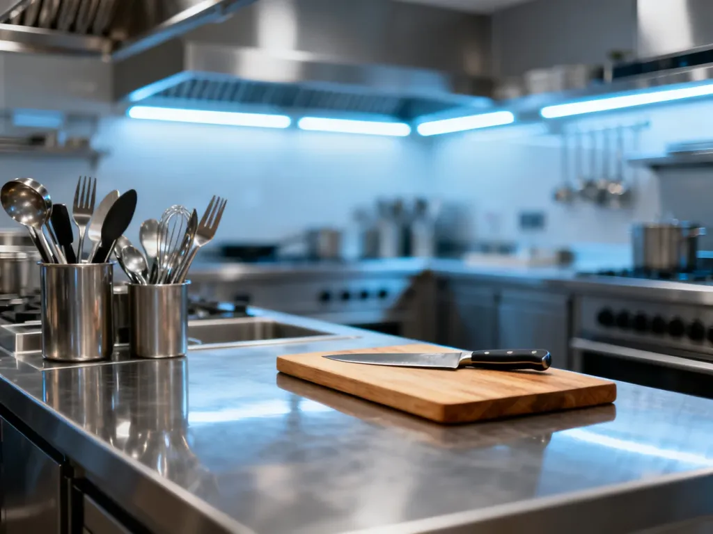 Profesjonalne stanowisko pracy w kuchni gastronomicznej z uporządkowanymi narzędziami, podkreślające standardy czystości i BHP.