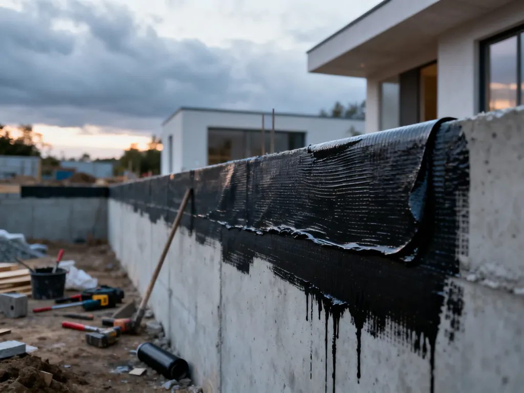 Aplikacja warstwy izolacji bitumicznej na betonową ścianę fundamentową budynku w trakcie prac budowlanych.
