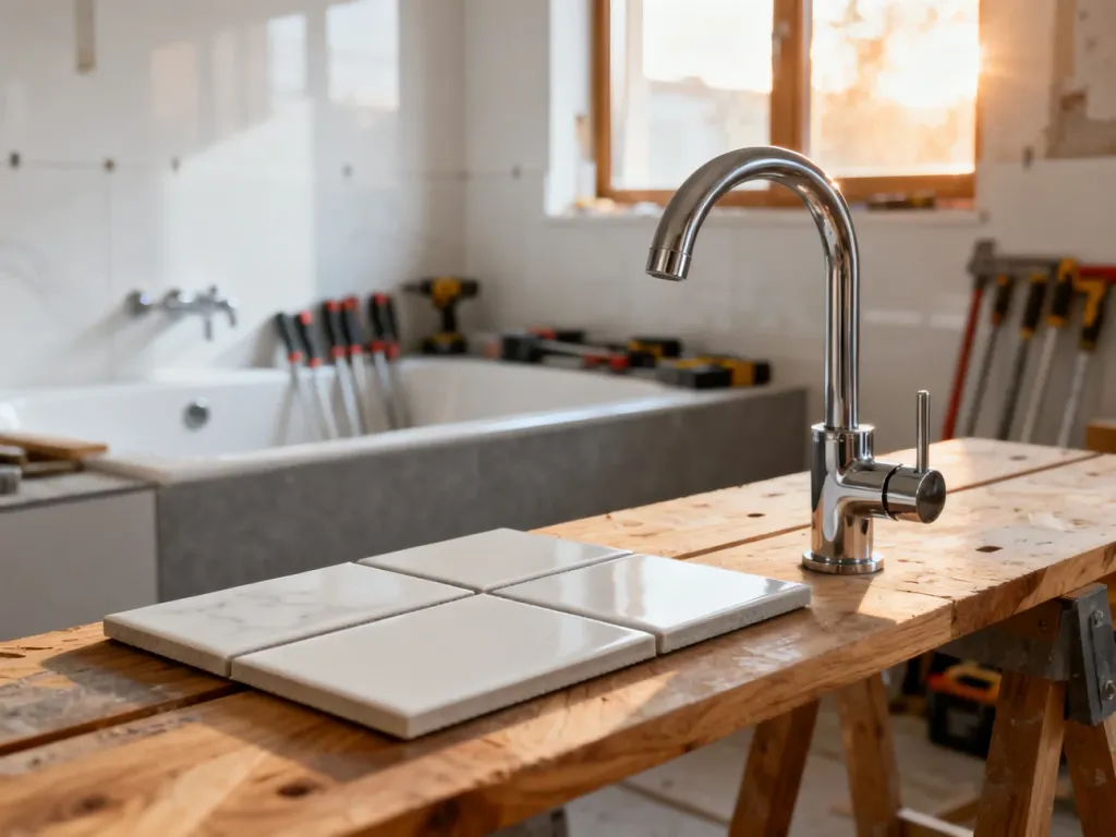 Próbki płytek ceramicznych i nowoczesna bateria umywalkowa na warsztacie w trakcie remontu łazienki.