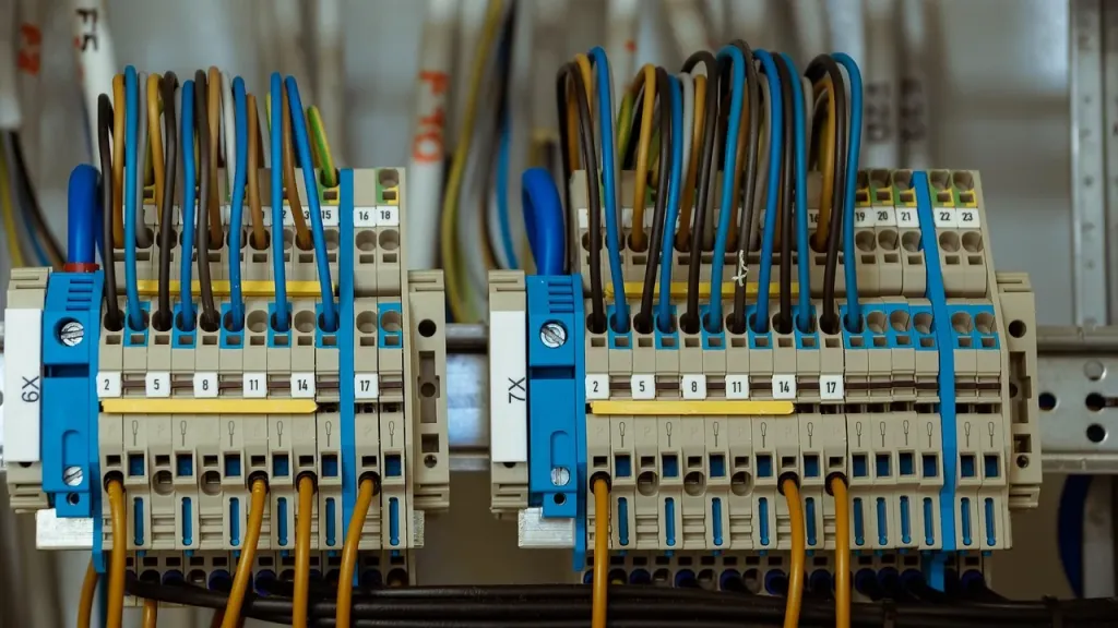Nowoczesna rozdzielnica elektryczna z uporządkowanymi bezpiecznikami i przewodami w domowej instalacji.